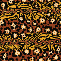 Wild animal leopard and tiger skins patchwork abstract vector seamless pattern