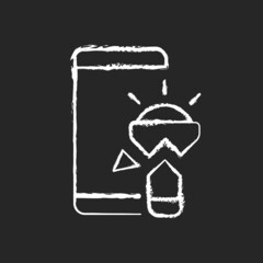 Flashlight not working chalk white icon on dark background. Broken torchlight and mobile phone. Camera flash light problem and solution. Isolated vector chalkboard illustration on black