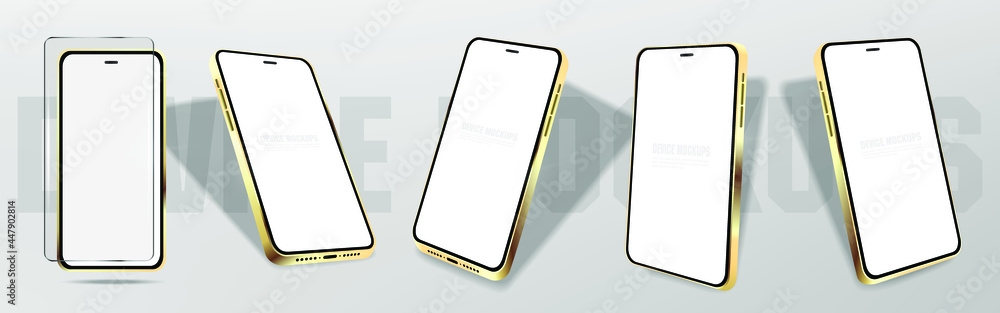 Poster realistic gold smartphone. mockup telephon from different angles. device ui ux mockup template. pres
