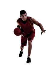 Fototapeta na wymiar Silhouette of professional sportsman playing basketball on white background