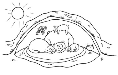 
Hibernating brown bears in the den. Sleeping grizzly family lying on a carpet in their house. Interior design of a lair. Coloring book page. Black and white funny cartoon illustration.