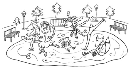 
Winter holidays. Ice rink at the park. Different animal characters ice skating together. Coloring book page. Fun cartoon illustration isolated on a white background. 