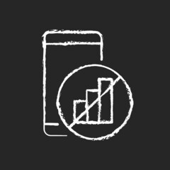 No signal chalk white icon on dark background. Mobile phone and signal bars indicator. Network disconnection. Can not detect mobile network. Isolated vector chalkboard illustration on black