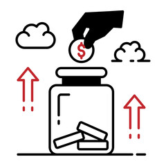 Money Saving Container Vector Icon Design, Business and Management Symbol, Banking and finance Sign, ECommerce and Delivery Stock illustration, hand putting coins in glass jar with up arrows Concept 