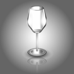 Transparent wine glass. An empty wine glass. A glass tumbler. 3d realism, vector icon.