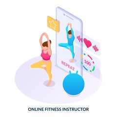 Girl goes in for sports using the phone. Isometric vector illustration on white background