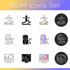 Fototapeta premium Online fitness wellness programs icons set. Pilates and rope jumping gym classes. Weightlifting activities. Core ball excercises. Linear, black and RGB color styles. Isolated vector illustrations