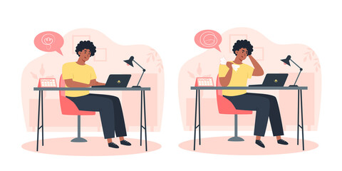 Productive employee and confused angry employee, productivity and problem solving throughout the day