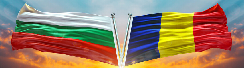 Bulgaria Flag and Romania flag waving with texture sky Cloud and sunset Double flag  