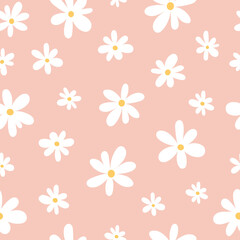 Seamless pattern of white chamomiles on a pink background in a flat style