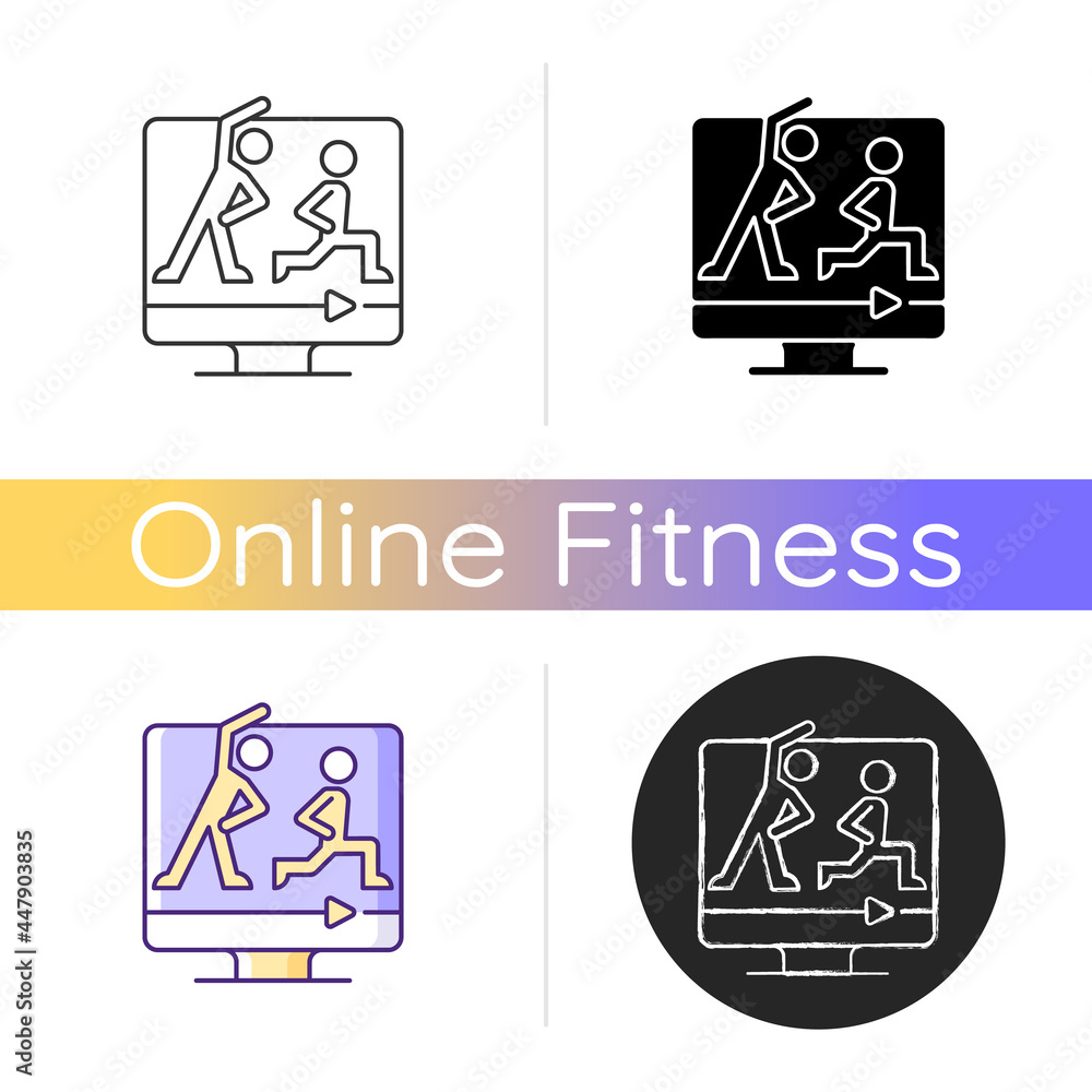Poster High intensity and intervals workout icon. Online fitness work and rest ratio exercises. Personal time and distance blocks. Linear black and RGB color styles. Isolated vector illustrations