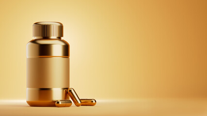 3D rendering of a golden pill bottle with capsules on a yellow background