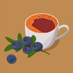 Blueberry tea. Berry or fruit tea.
White cup with blueberry tea and a sprig of berries. For wrapping paper and fabric prints, labels, posters, prints.