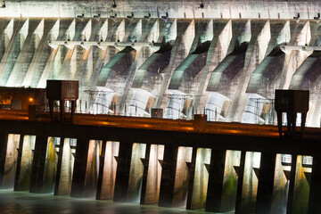 Close-up to the Itaipu Hydroelectric Dam at night.
