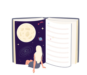 Young woman immersion to the book universe. Girl sits with her legs plunged into the space. Reading concept, literature vector background. Studying, education design illustration in simple flat style