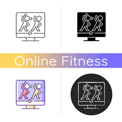 Online aerobic for kids icon. Fitness family workouts. Basic exercises and dance moves programs. Fun way excess energy burn. Linear black and RGB color styles. Isolated vector illustrations