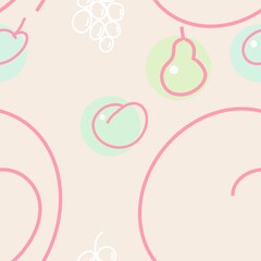 Seamless pattern of abstract elements and fruits on a light pink background for textiles.