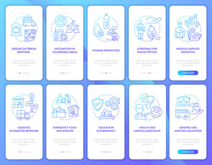 Naklejka premium Humanitarian aid review onboarding mobile app page screen. Healthcare in emergency walkthrough 10 steps graphic instructions with concepts. UI, UX, GUI vector template with linear color illustrations