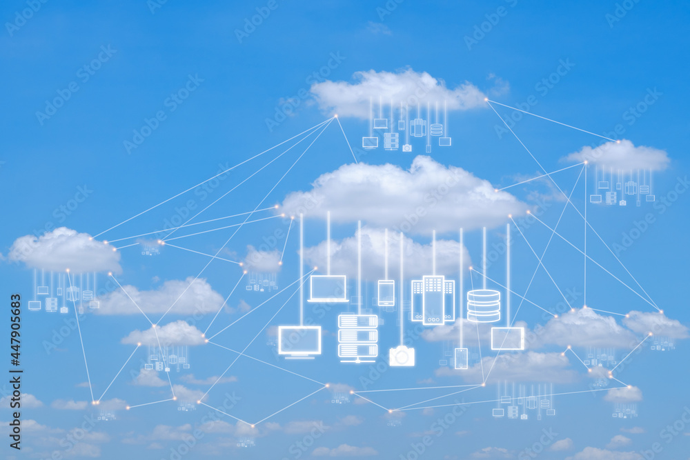 Poster cloud computing concept. multiple devices and cloud computing networks against the blue sky.