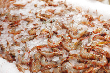 Fresh raw shrimps close up lying on ice in supermarket
