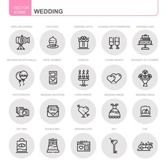 Wedding. Set of vector, linear, flat icons. Seth has badges such as wedding cake, video footage, gifts, and more.