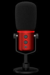 3D rendering of red studio condenser microphone isolated on black background