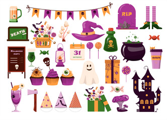 A big vector set for Halloween. Flat design. Cartoon template for invitations, advertisements, posters, banners, party, postcards. Bright cute pictures for All Saints Day on October 31