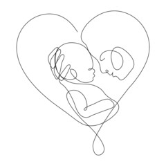 Happy mother hugging her child in her heart. Concept of tenderness, love and motherhood. Family planning logo design, clinic, doctors, medicine, care, tattoo, poster, banner, postcard. Isolated vector