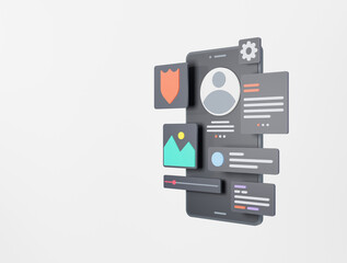 Mobile app development and mobile web design concept. User interface optimization. 3D rendering.