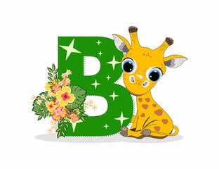 Cute Cartoon little giraffe with letter B. Perfect for greeting cards, party invitations, posters, stickers, pin, scrapbooking, icons.