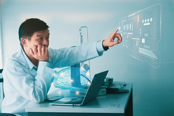 Professional doctor touch futuristic computer with virtual screen interface holographic digital brain on laptop,concept digital healthcare connection and medical innovative technology and science