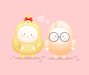 Cute baby in chicks costume with egg couple. Mascot cartoon illustration Premium Vector