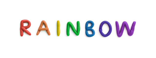 The word "rainbow" is made of plasticine or modelling clay. Multicolored letters. Isolated on white.