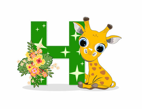 Cute Cartoon little giraffe with letter H. Perfect for greeting cards, party invitations, posters, stickers, pin, scrapbooking, icons.