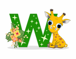 Cute Cartoon little giraffe with letter W. Perfect for greeting cards, party invitations, posters, stickers, pin, scrapbooking, icons.