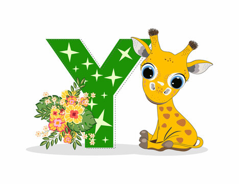 Cute Cartoon little giraffe with letter Y. Perfect for greeting cards, party invitations, posters, stickers, pin, scrapbooking, icons.