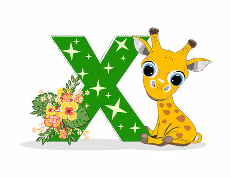 Cute Cartoon little giraffe with letter X. Perfect for greeting cards, party invitations, posters, stickers, pin, scrapbooking, icons.