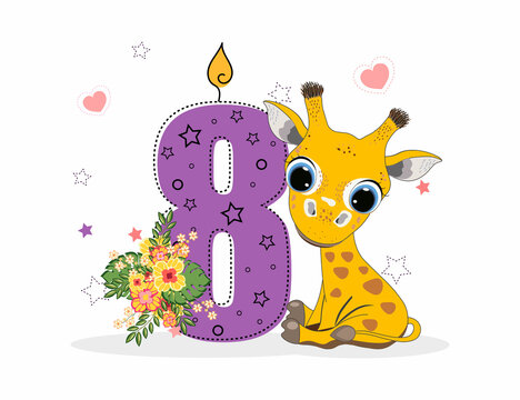 Cute Cartoon little giraffe with number eight. Perfect for greeting cards, party invitations, posters, stickers, pin, scrapbooking, icons.