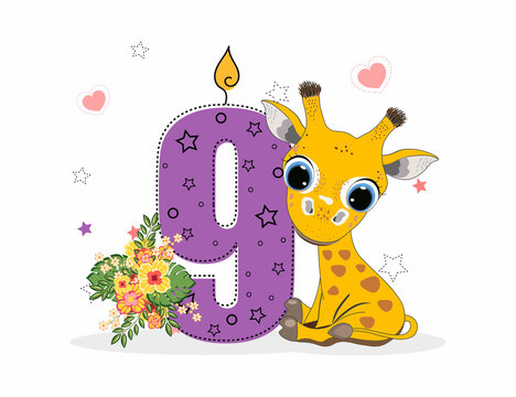 Cute Cartoon little giraffe with number nine. Perfect for greeting cards, party invitations, posters, stickers, pin, scrapbooking, icons.