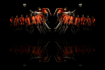 Kick ball. Collage of images of one young man, soccer football player in motion isolated on dark background. Reflection, mirror effect. © master1305