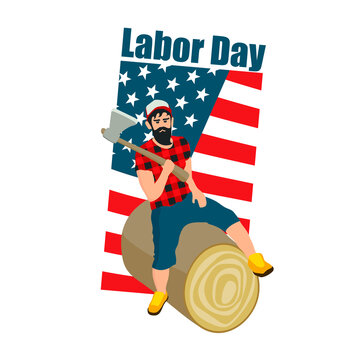 USA Happy Labor Day greeting card, banner, poster with background United States national flag colors and Lumberjack with axe. Vector illustration.