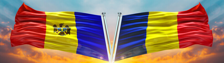 Moldova Flag and Romania flag waving with texture sky Cloud and sunset Double flag  