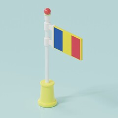 Romania toy flag on blue background.3D minimal concept design illustration