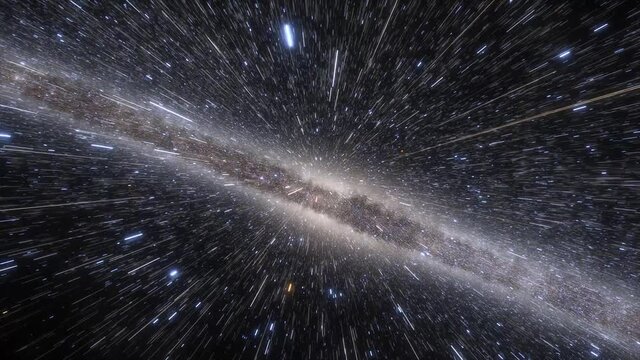 Spaceship travelling at the speed of light through a galaxy in space. Billions of stars in the Milky Way or Andromeda galaxy