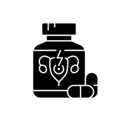 Pills for period cramps black glyph icon. Relieve painful menstruation. Anti-inflammatory drug. Calming abdominal cramping. Silhouette symbol on white space. Vector isolated illustration