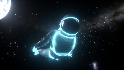 Astronaut with neon lights in dark space. Synthwave style. 3d rendering