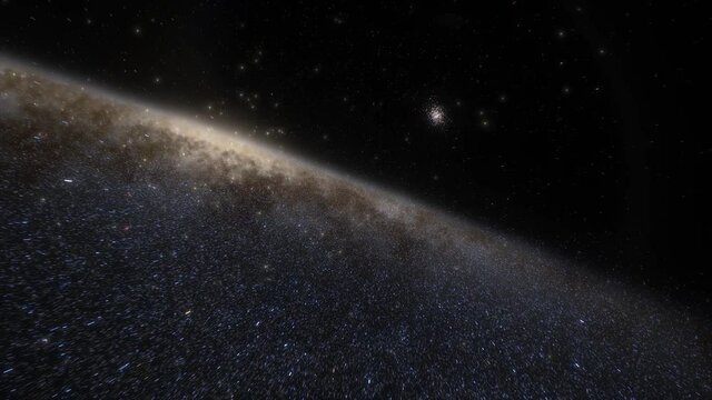 Spaceship travelling at the speed of light through a galaxy in space. Billions of stars in the Milky Way or Andromeda galaxy