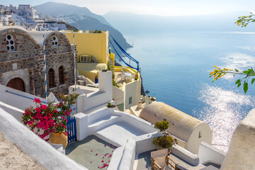 Terraces on Santorini Caldera on a Sunny Summer Day