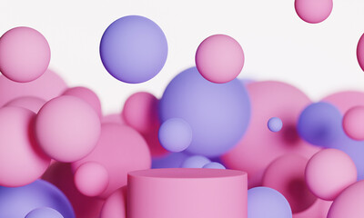 Pink 3d mock up podium with flying spheres or balls in pink, lavender and purple on a white background. Bright stylish contemporary abstract Modern platform for product or cosmetics presentation.