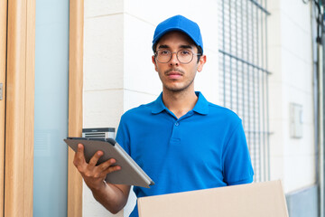 Young delivery man at outdoors holding boxes and a tablet